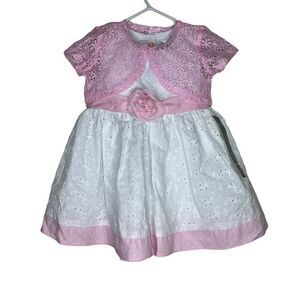 NWT George White Eyelet Easter & Holiday Dress & Pink Lace Jacket 6/9Mo